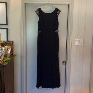 Adrianna Papell Black Evening Gown with Gold Beading